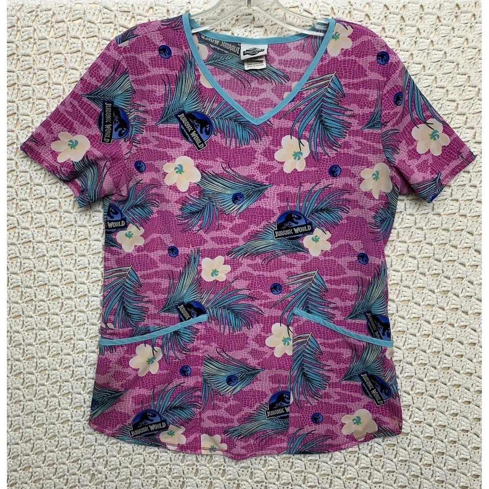Jurassic Scrub Top Sz S Park Dominion Universe Studio Dino Skin Floral Pink Blue
